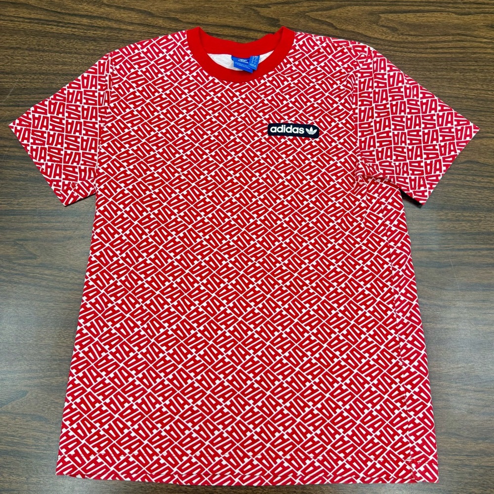 Adidas Red and White Patterned Men's Tee Size Medium
